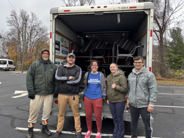 Charles, Nick, Samantha, Georgina, Hristo outside a loaded truck of furniture